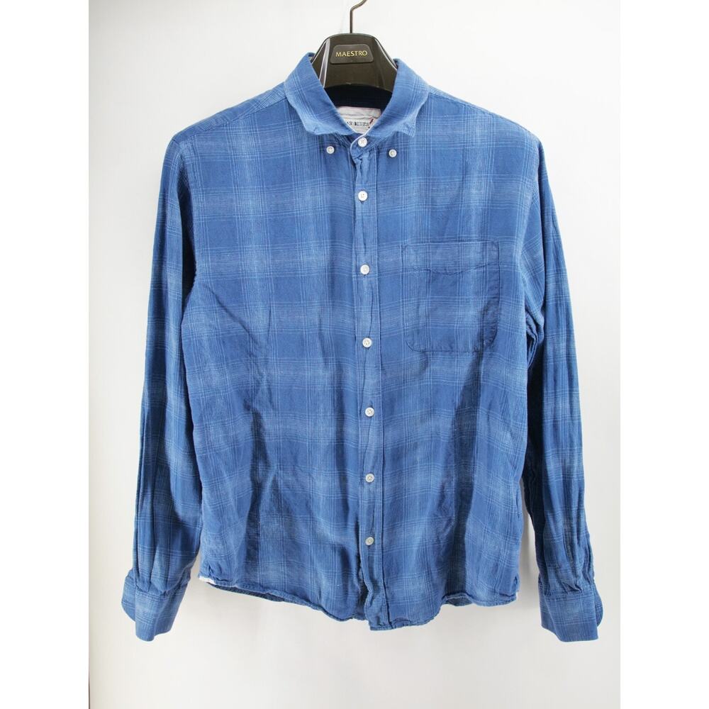 32 Bar Blues Shirt Mens Medium Blue‎ Linen Blend Button Up Long Sleeve Plaid